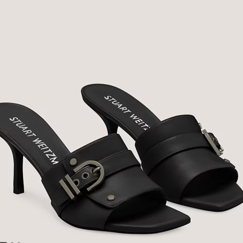 Stuart Weitzman Black Leather Buckle Slide Sandals